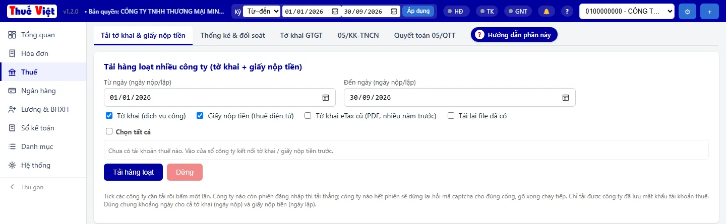 Màn hình tải hàng loạt tờ khai và giấy nộp tiền cho nhiều công ty theo khoảng ngày